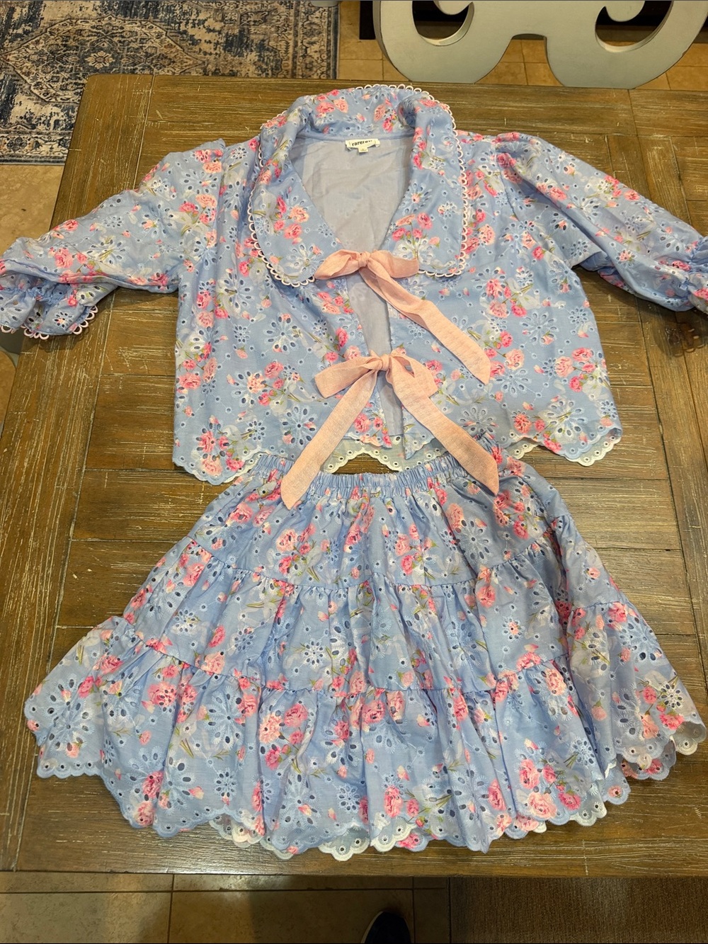 Floral Eyelet Cotton Skirt Set with Pink Ribbon Ties